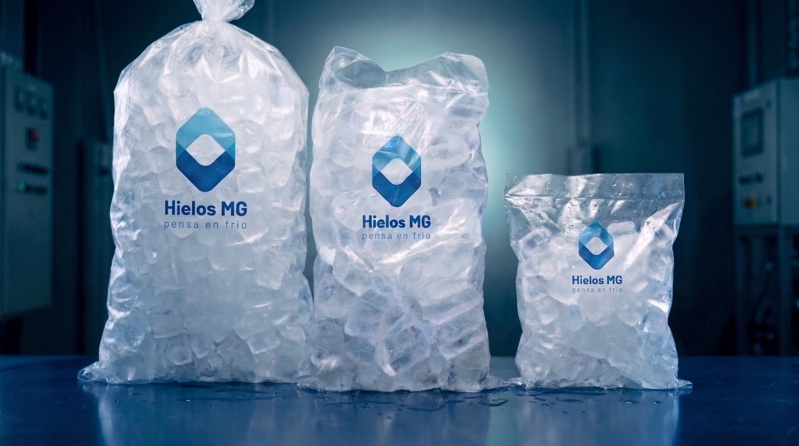 Tres bolsas de hielo cilíndrico Hielos MG, de la más grande a la más chica